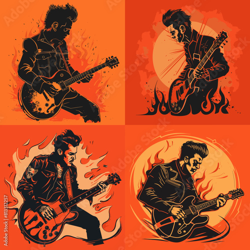 High-energy rock guitarist artwork featuring fiery performances, electric guitars, and punk aesthetics in a bold, dynamic, and vintage-inspired illustration style.