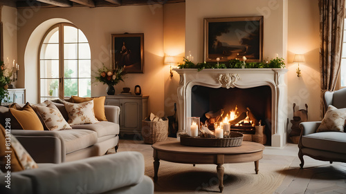 Two sofas near fireplace. French country, provence interior design of modern living room