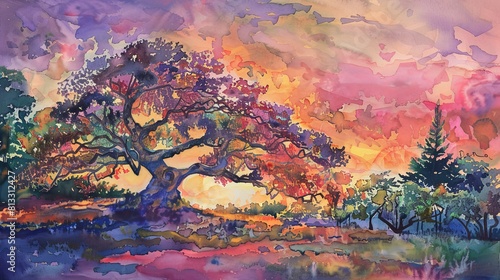 Watercolor of a massive tree in a vibrant garden at sunset  the sky ablaze with hues of pink  purple  and gold  creating a miraculous atmosphere