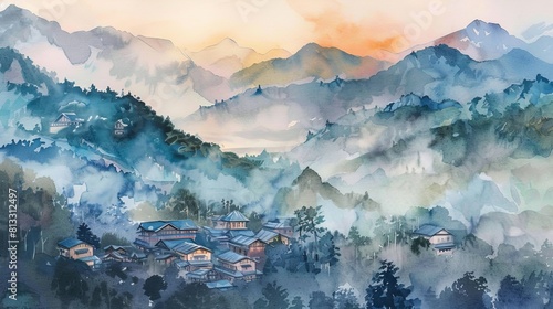 Watercolor of a quaint mountain village at sunrise, mist covering the valleys while the warm hues of dawn light the peaks photo