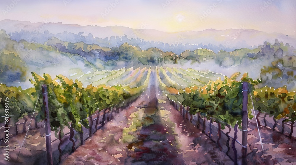 Watercolor of rows of grapevines stretching into the mist, the sun rising in soft pastels, creating a serene vineyard landscape Watercolor of rows of grapevines stretching into the mist, the sun rising in soft pastels, creating a serene vineyard landscape