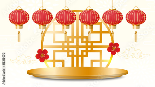 Gold circle decoration with Chinese red lantern hanging on Chinese pattern background. Abstract background. Vector illustration.