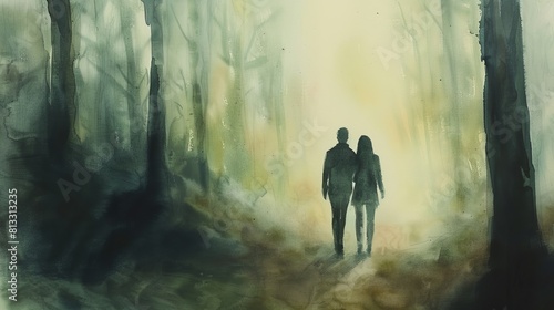 Watercolor painting of a man and woman walking arm-in-arm through a misty forest, the trees framing their tender closeness © Alpha