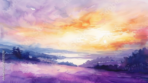 Watercolor painting of a picturesque sky at dawn  soft purples and oranges blending together over a tranquil landscape