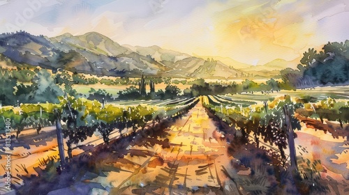 Watercolor scene of a vineyard at sunrise, rows of grapevines glowing with warm golden hues under the first rays of sunlight