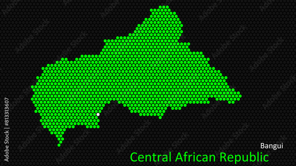 A map of Central African Republic, with a dark background and the country's outline in the shape of a colored hexagon, centered around the capital. A simple sketch of the country