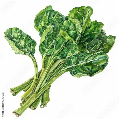 Watercolor painting of a bunch of leafy green spinach with its curly leaves and earthy flavor, on isolated white background, Generative AI