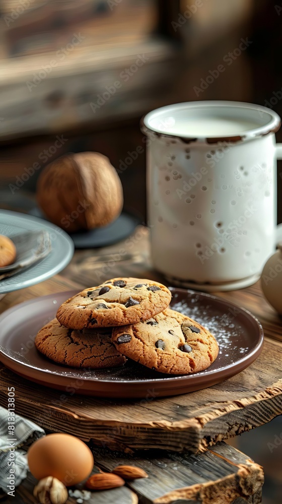 Breakfast scene with fresh-baked cookies and milk on wood Breakfast scene with fresh-baked cookies and milk on wood