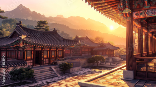Korean palace at dawn, the warm sunlight casting golden hues over the ancient wooden structures photo