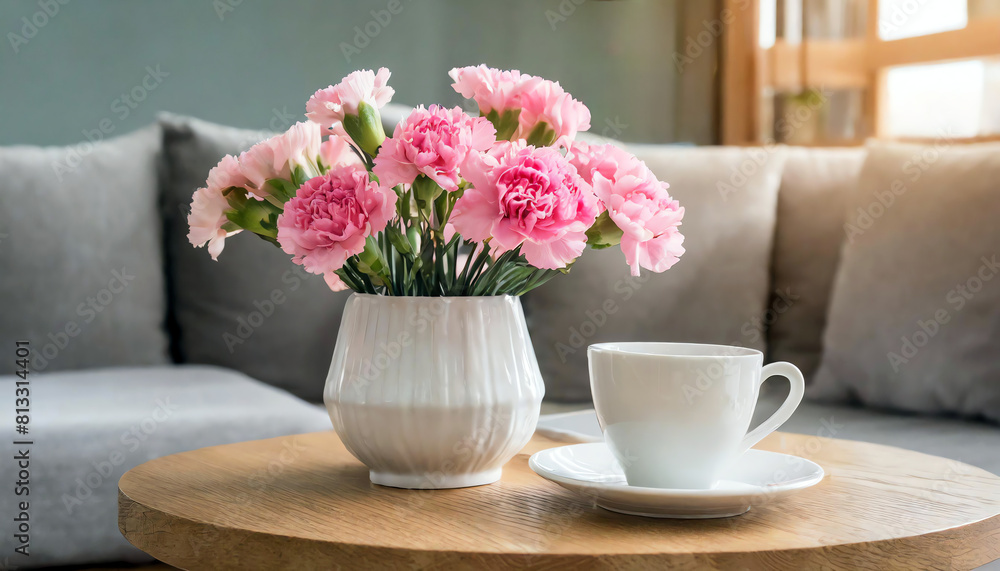 Pink carnations and white coffee cup Pink carnations and white coffee cup