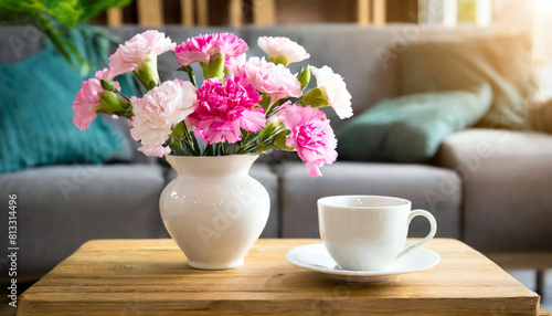 Pink carnations and white coffee cup