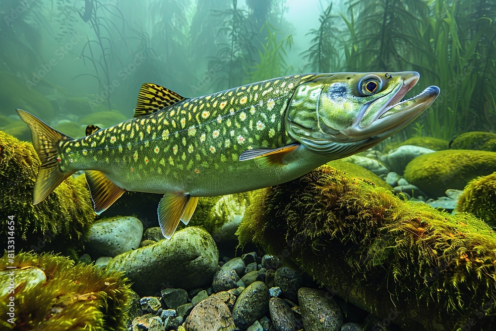 Moss-Covered Rocks: Pike Fish Swimming in Forest Light Gradients Moss-Covered Rocks: Pike Fish Swimming in Forest Light Gradients