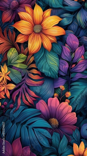 The image shows a colorful floral pattern with various flowers and leaves in shades of blue, purple, pink, and green.