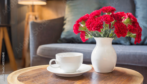 Red carnations and white coffee cup