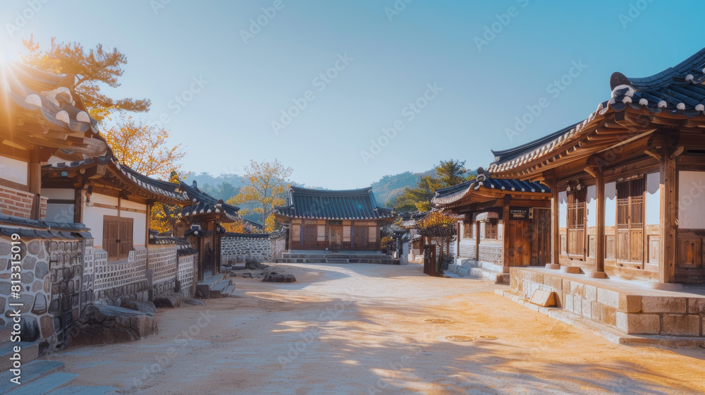 Korean traditional village with warm sunlight and clear sky, tranquil and picturesque Korean traditional village with warm sunlight and clear sky, tranquil and picturesque