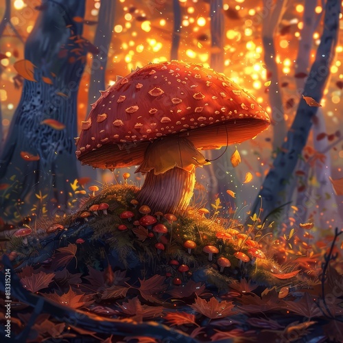 The magic mushroom is glowing in the dark forest, it's a wonderful scenery. photo
