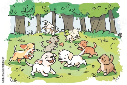Cartoon cute doodles of a group of puppies chasing each other in the park  with wagging tails and joyful barks filling the air  Generative AI