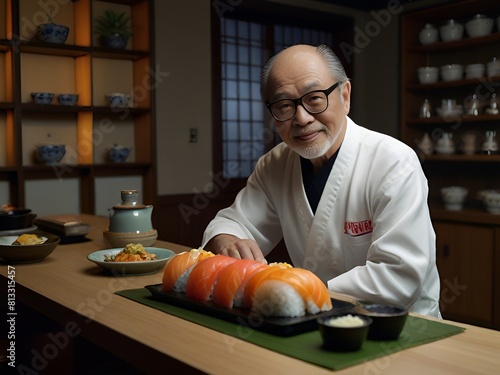 Experto preparando sushi gigante y restaurante tradicional japones