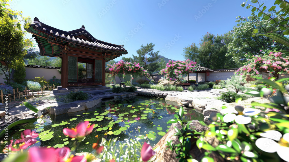 Serene traditional Korean garden with a small pond and pavilion, clear sunny day with vibrant flowers Serene traditional Korean garden with a small pond and pavilion, clear sunny day with vibrant flowers