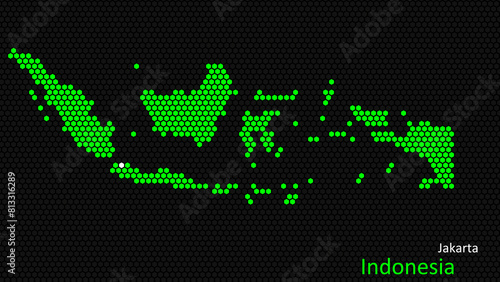 A map of Indonesia  with a dark background and the country s outline in the shape of a colored hexagon  centered around the capital. A simple sketch of the country