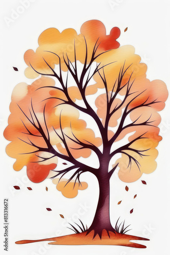 Watercolor tree colorful fall foliage in varying shades  representing seasons autumn  isolated on white background.