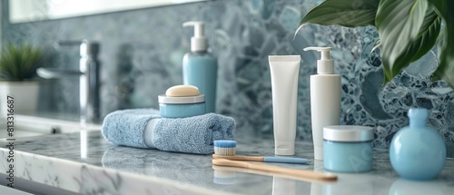 A dental hygiene kit, including toothpaste, toothbrush, and floss, neatly arranged on a countertop. Essential tools for maintaining oral health. photo