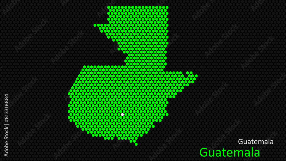 Fototapeta premium A map of Guatemala, with a dark background and the country's outline in the shape of a colored hexagon, centered around the capital. A simple sketch of the country