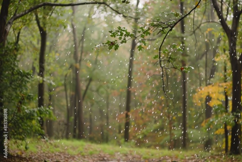 A forest clearing filled with the sound of dripping water, as raindrops fall from leaves and branches overhead, Generative AI
