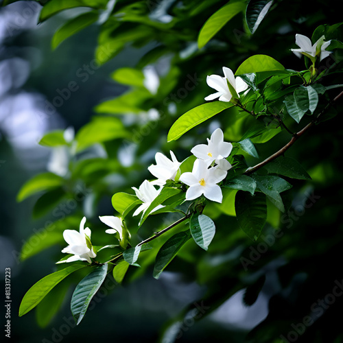 parijat tree parijatak night flowering jasmine plant,Night flowering jasmine delightfully showcased amid blurred natural backdrop,generate ai
 photo