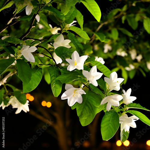 parijat tree parijatak night flowering jasmine plant,Night flowering jasmine delightfully showcased amid blurred natural backdrop,generate ai
 photo