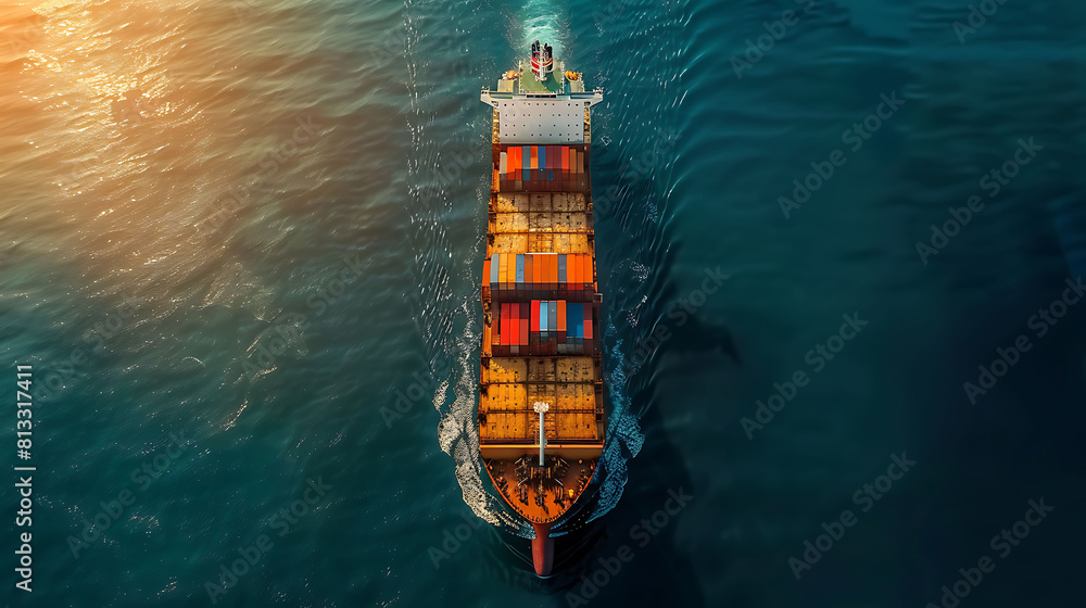 webinar banner, Aerial top view of cargo ship with contrail and smart icons on the ocean sea , ship carrying container export from container custom ocean concept freight shipping forwarder mast