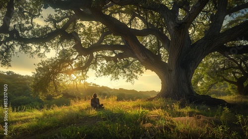 The setting sun casts a warm glow over a solitary figure sitting in quiet contemplation beneath a majestic oak tree.