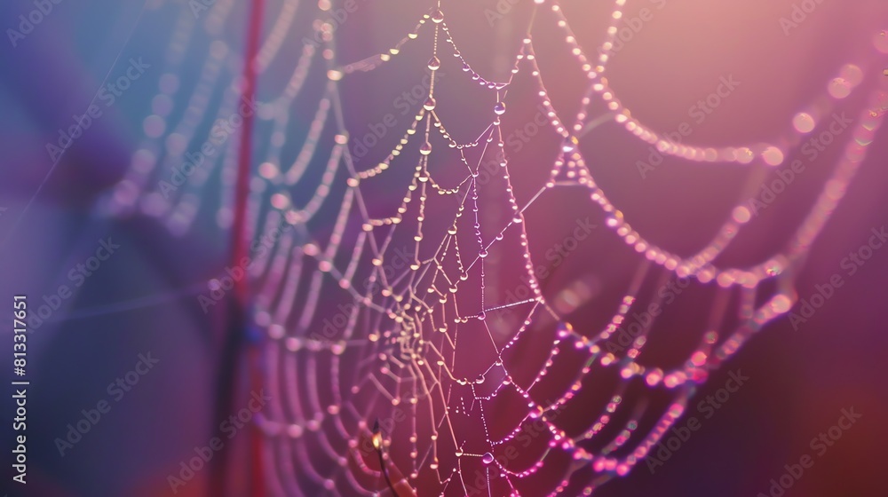 Delicate and detailed cobweb with water drops on a blurred background with a gradient from blue to pink. Delicate and detailed cobweb with water drops on a blurred background with a gradient from blue to pink.