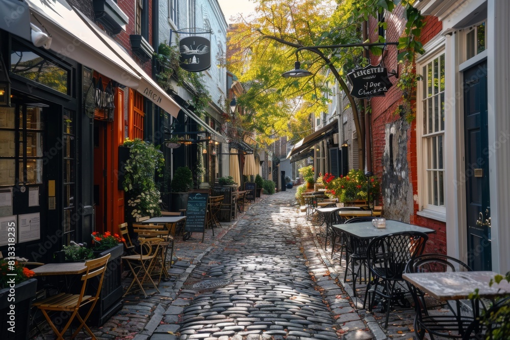 Fototapeta premium A charming street scene with quaint cafes and cobblestone streets