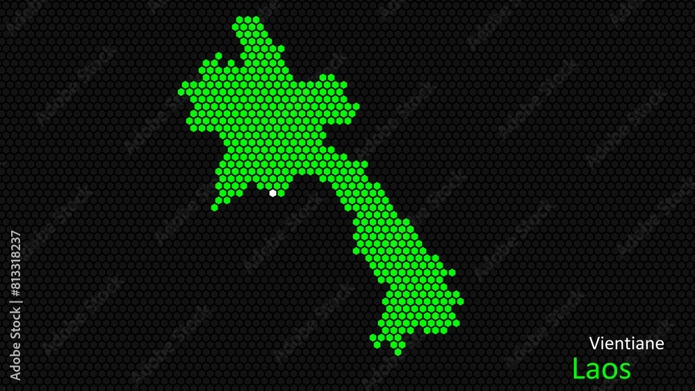 A map of Laos, with a dark background and the country's outline in the shape of a colored hexagon, centered around the capital. A simple sketch of the country