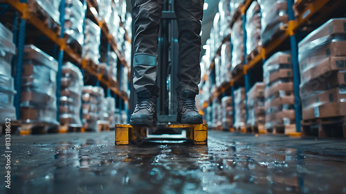 Working at warehouse, Low angle view of unrecognizable worker lifting palette with manual forklift photo