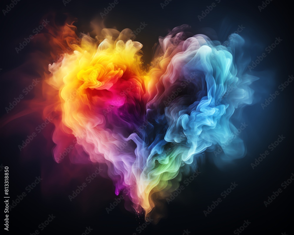 Vibrant rainbow smoke forming a heart shape against a dark background, symbolizing LGBTQ pride and love