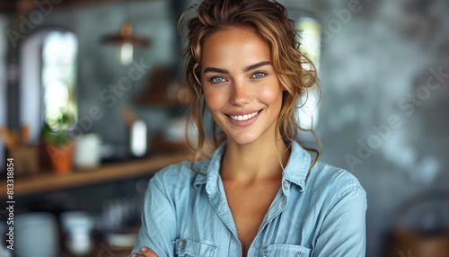 Smiling Young Woman in Denim Shirt