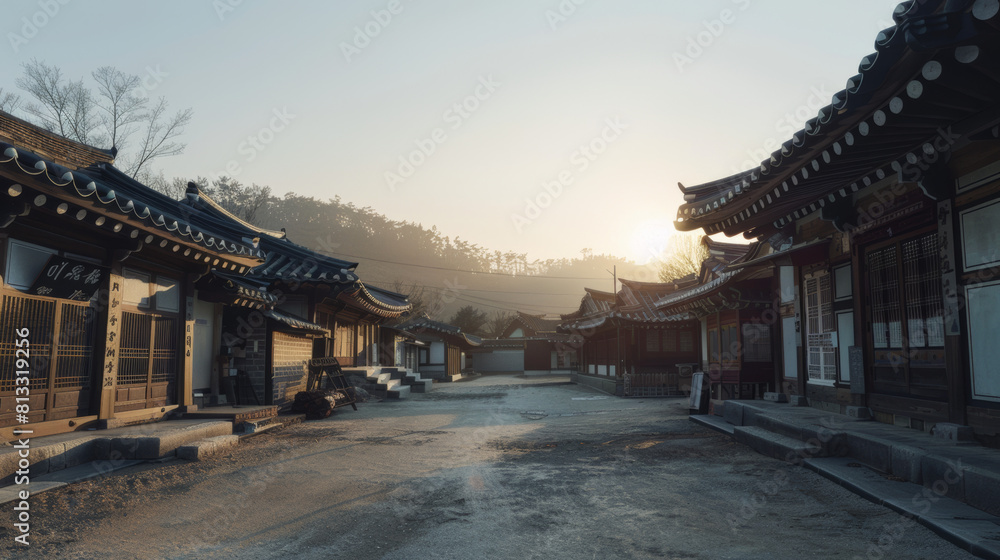 Fototapeta premium Warm afternoon at a traditional Korean village with historic buildings and clear skies