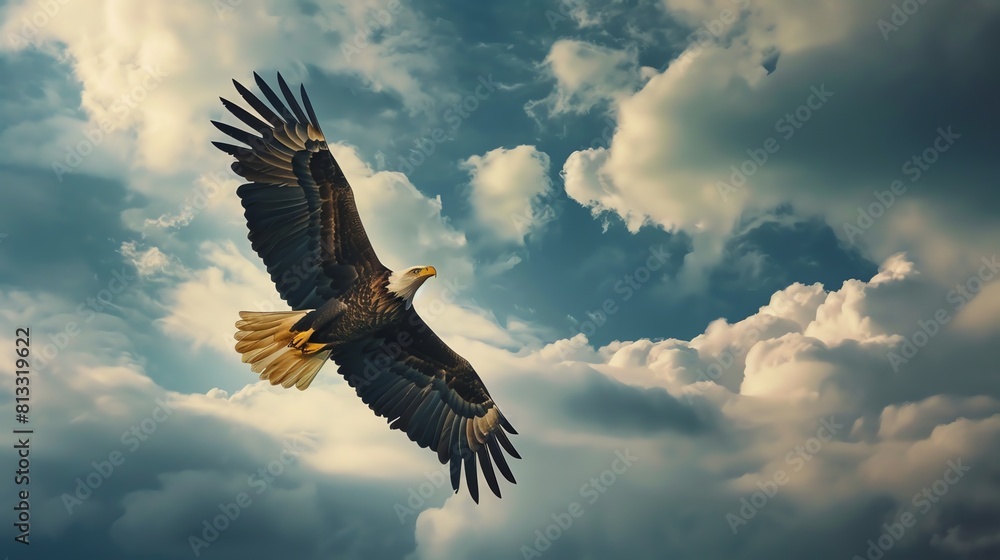 Obraz premium Soaring high above the clouds, the majestic bald eagle is a symbol of strength, freedom, and courage.