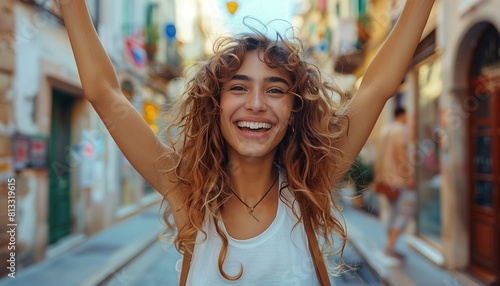 Joyful Young Woman Celebrating in Sunny European Street
