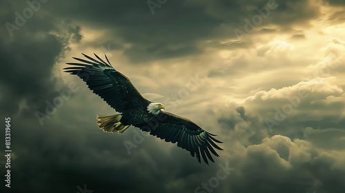 Soaring high above the clouds, the majestic bald eagle is a symbol of strength, freedom, and courage.