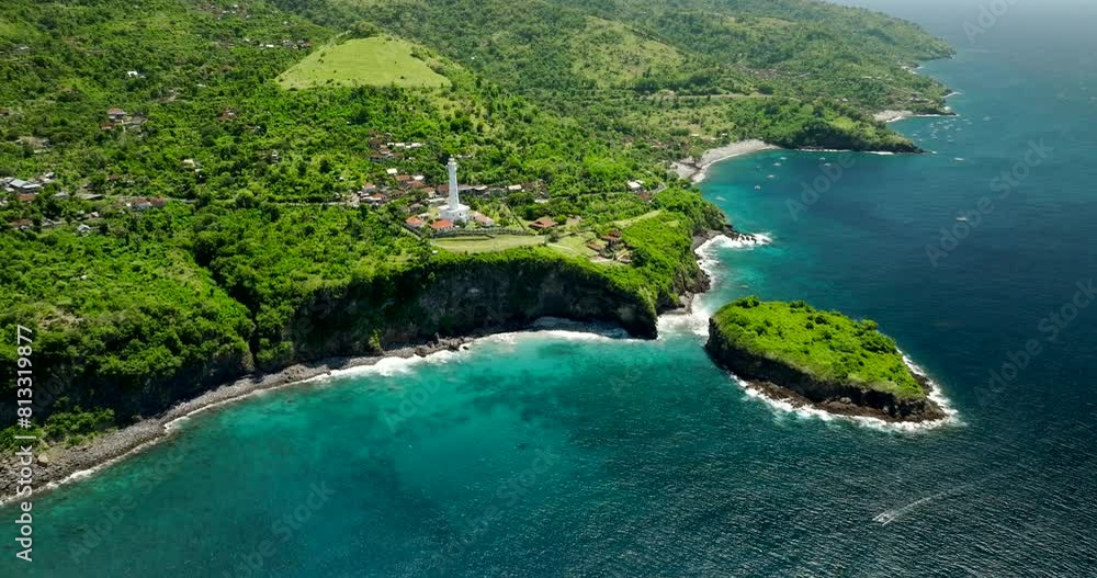 Aerial view of lighthouses perched on cliffs and islands in the ocean Aerial view of lighthouses perched on cliffs and islands in the ocean
