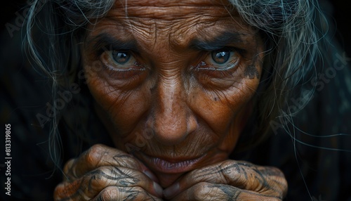 Intense Portrait of Elderly Woman With Tattoos