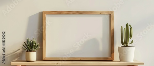 A Wooden Picture Frame Encases a Cactus on a Rustic Shelf