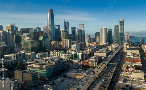 Freeway traffic and San Francisco city skyline, California, United States of America. photo