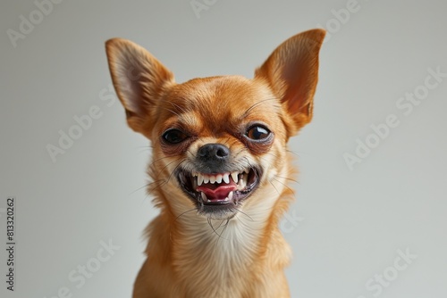 Tiny but fierce Chihuahua snarling with intense aggression, showcased in a seamless white setting with shadowless lighting