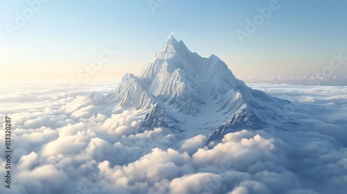 A majestic snow-capped mountain rises above the clouds. The mountain is bathed in warm sunlight, and the clouds below are a brilliant white. photo