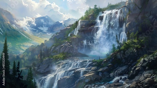 A beautiful landscape with a waterfall and mountains in the background.