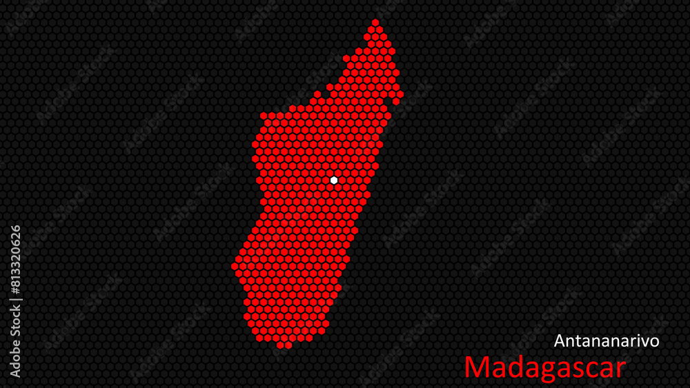 Obraz premium A map of Madagascar, with a dark background and the country's outline in the shape of a colored hexagon, centered around the capital. A simple sketch of the country